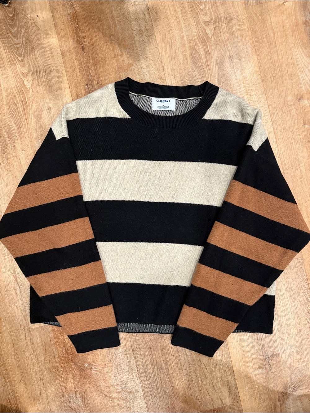 Old Navy women’s Striped Crewneck Sweater - Black, Cream & Brown